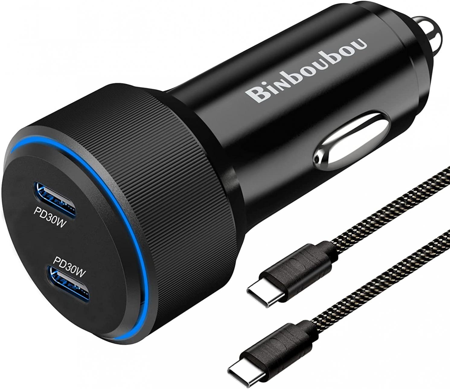 60W Dual USB C Car Charger Adapter – BiNboubou [PPS&PD] 30W 25W 20W Type C Super Fast Car Phone Charger Compatible for Galaxy S22/S21/S21+/Ultra/S20, iPad Pixel LG Tablets - 4ft Type-C Cord