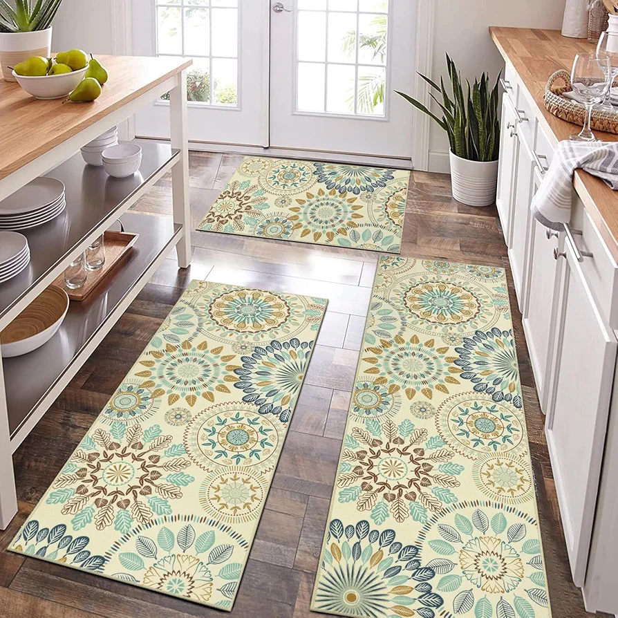 Bsmathom Farmhouse Kitchen Rugs Sets of 3, Boho Kitchen Rugs Non Slip Washable, Kitchen Floor Mats Non Skid Kitchen Mat Kitchen Rug Runner for Hallway Entryway Laundry Room