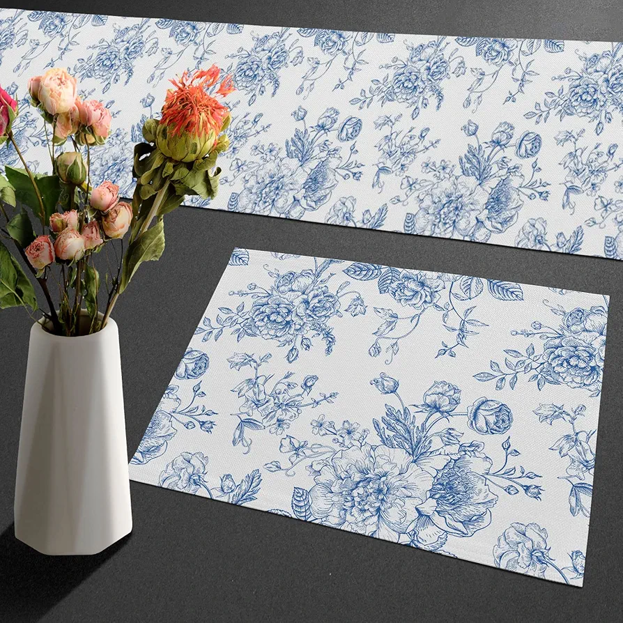 Chinoiserie Table Runner and Placemats Set of 6 Blue and White Floral Porcelain Flowers Linen Burlap Place Mats Cloth Dining Mat Sets Table Mats Sets with Table Runners Washable 70 Inches Long