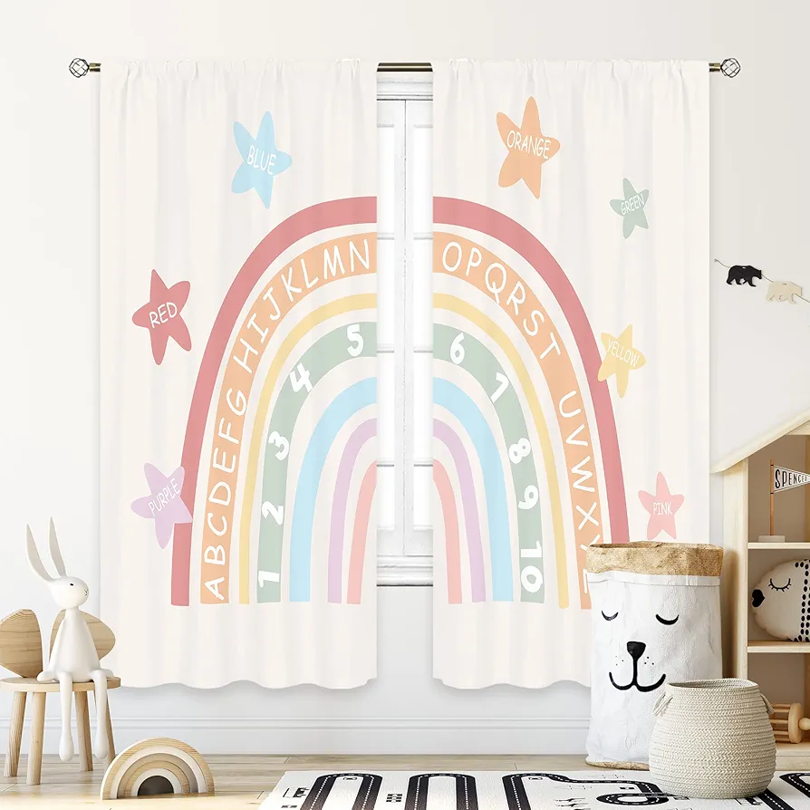 Cinbloo Kids Boho Rainbow Alphabet Curtains 42Wx63H Inch Rod Pocket ABC Numbers Nursery Playroom Classroom Decor Educational Learning Baby Girl Boy Child Toddler Bedroom Window Drapes Fabric 2 Panels