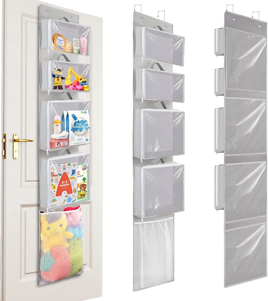 Over Door Organizer and Storage, Toy Hanging Container with 4 Removable Clear Bins, Nursery Closet Cabinet Baby Room Wall Stuffed Animal Bag Case for Bathroom, Bedroom and Pantry