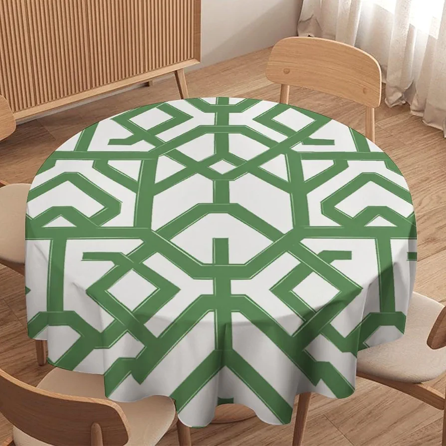 Chinoiserie Green Imperial Trellis Geometric Round Tablecloth Grey Sage Green Asian Table Cloth 70x70in Table Cover Outdoor Polyester Table Decor for Dining Room Party Picnic