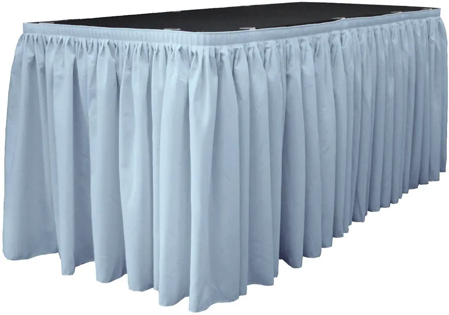 LA Linen Polyester Poplin Table Skirt for Rectangle Tables, Pleat Fabric for Wedding Banquet Trade Show, 14-Foot by 29-Inch Long with 10 L-Clips, Blue Light