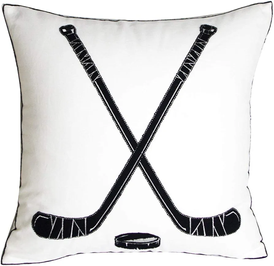 Embroidered Hockey Throw Pillow Cover,Square 18 inch Decorative Canvas Pillow Cover for Ice Hockey Room Decor(Cover Only,Hockey Pattern)