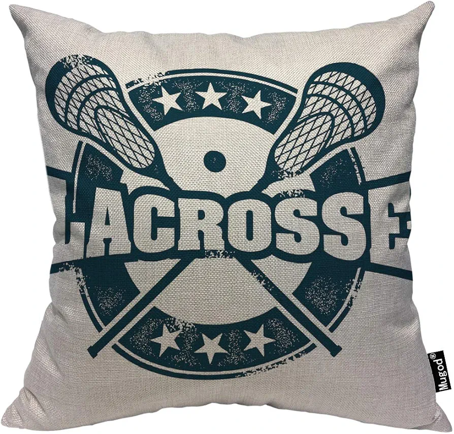 Lacrosse Throw Pillow Vintage Stamp Pattern Helmet Lacrosse Sticks Star Navy Blue Cotton Linen Square Cushion Cover Standard Pillowcase 18x18 Inch for Home Decorative Bedroom/Living Room/Car