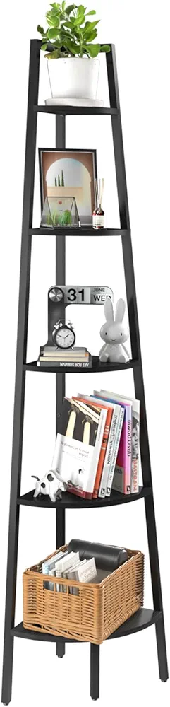 Yoobure Corner Shelf, 5-Tier Corner Bookshelf with Metal Frame, Ladder Corner Shelves Display Shelf for Bedroom Living Room, Tall Corner Bookcase Corner Plant Stand, Wood Small Corner Shelf Stand Home