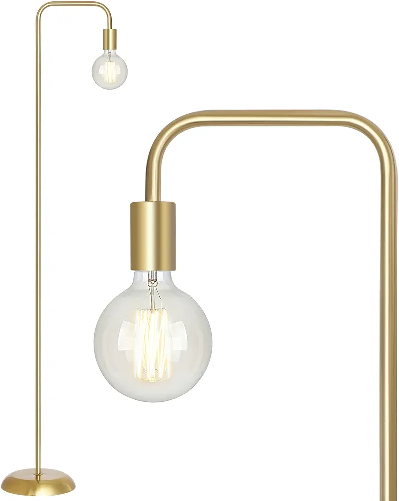 QiMH Industrial Floor Lamp with Light Bulb, Metal Standing Tall Modern Brushed Gold Led Living Room Lamp for Home Decor,Bedroom,Reading,Office(E26 Socket,Foot Switch)