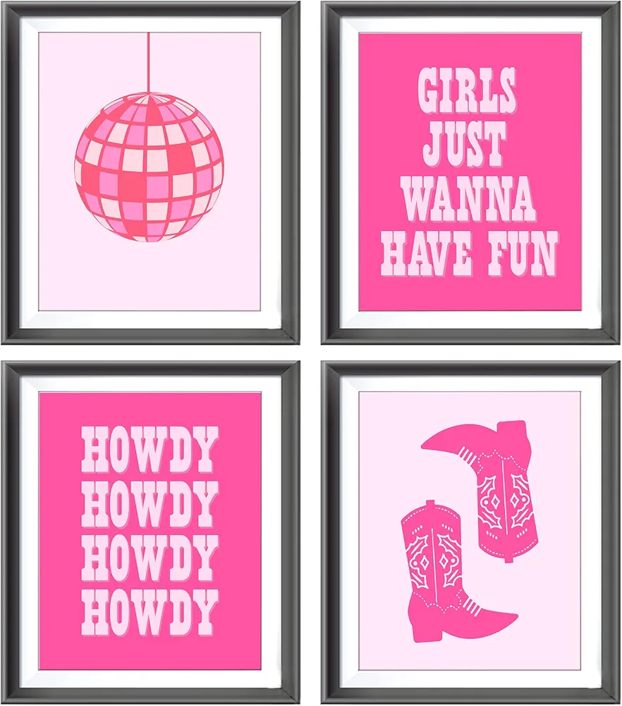 Girls Just Wanna Have Fun Hot Pink Howdy Western Cowgirl Boots Disco Ball Poster Prints for Home Girls Room Dorm Decor,Preppy Decorations Prints Wall Art Unframed 4pcs 8x10 Inches,Teen Girls Gifts