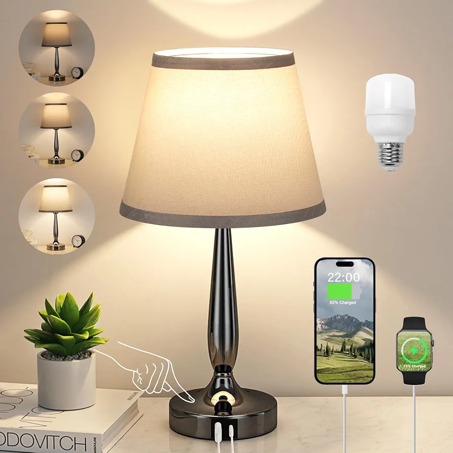 Kakanuo Touch Table Lamp for Bedroom, Small Bedside Lamp with USB C Charging Port, 3 Way Dimmable Touch Control Nightstand Lamp for Living Room and Office, LED Bulb Included