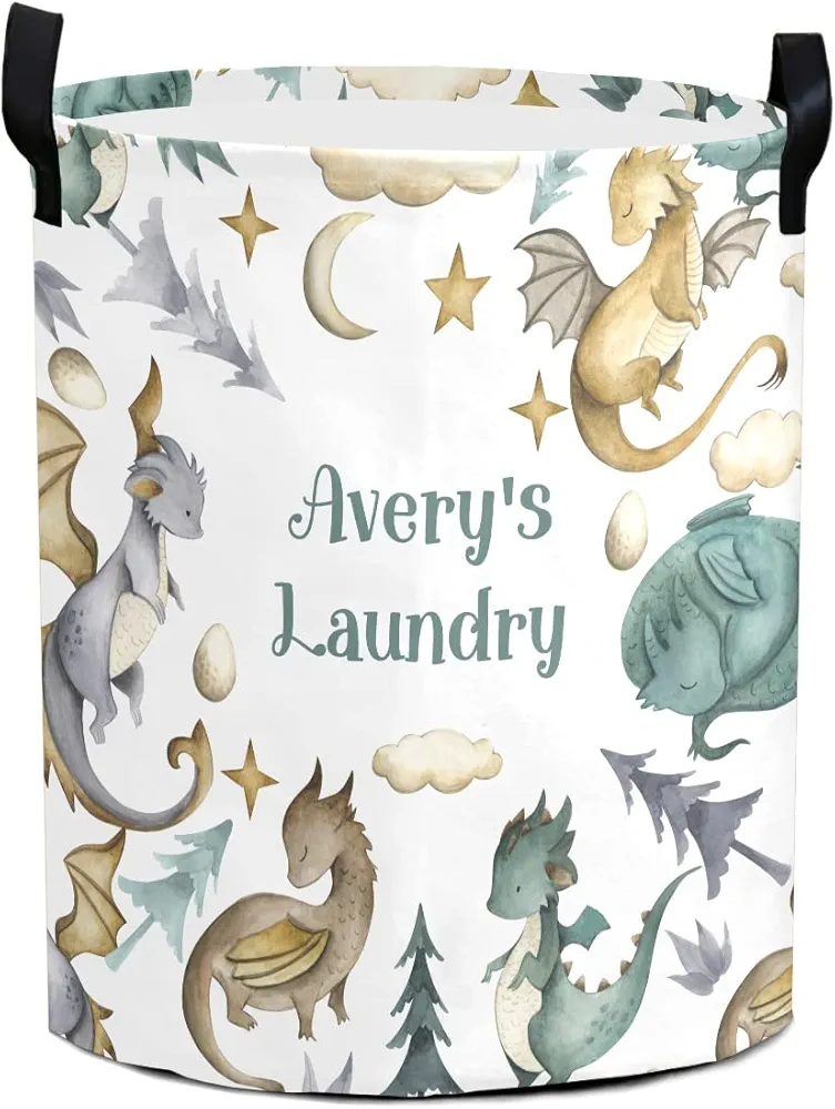 Personalized Laundry Basket for Boys Girls, Animals Dragon Watercolor Custom Laundry Basket Waterproof Coating with Handles,For Bathroom Bedroom Living Room