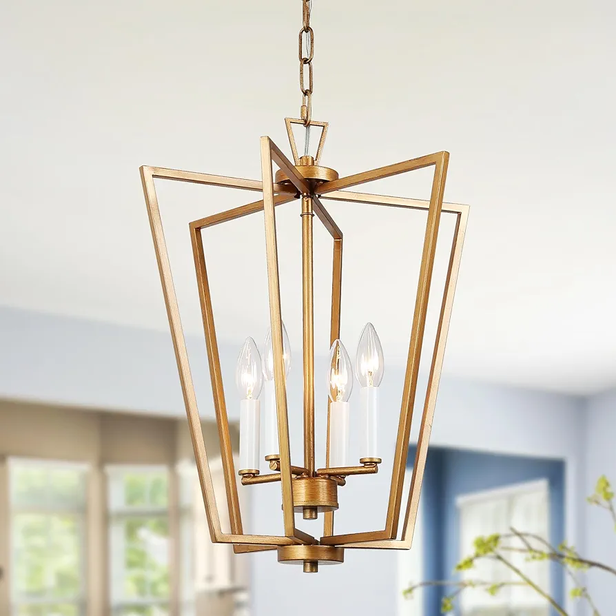 KSANA Brushed Gold Chandelier, Modern 4-Lights Lantern Foyer Lighting Fixture for Dining Room, Kitchen Island, Bedroom and Living Room