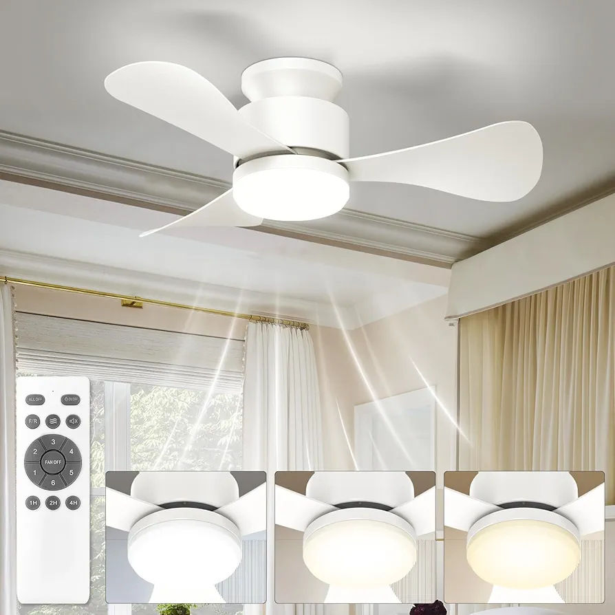 Low Profile Flush Mount Ceiling Fan, Small White Ceiling Fan with Light and Remote, DC Motor, 3 Blade 28in LED Fan Light Indoor Outdoor for Dining Room, Kitchen, Living Room