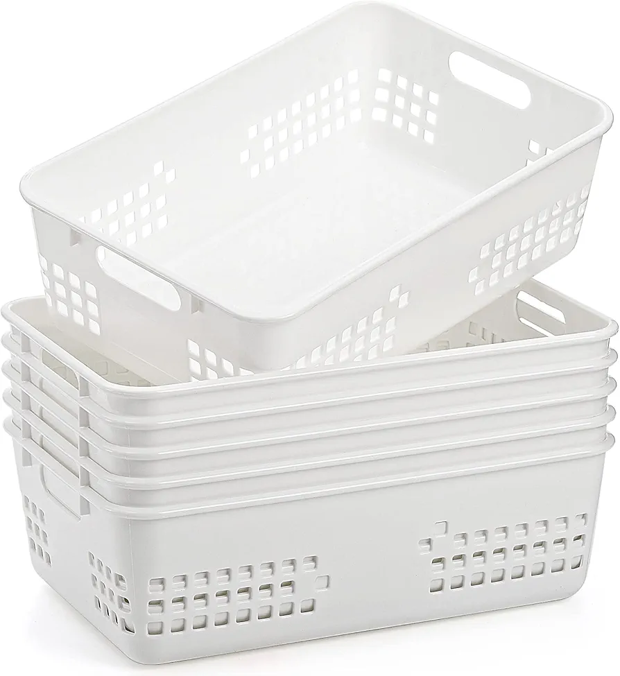 Jucoan 6 Pack White Plastic Storage Baskets, 12 X 7.5 X 4 Inch Large Plastic Storage Organizer Tray Bin with Handles for Classroom, Drawer, Closet, Bathroom Kitchen