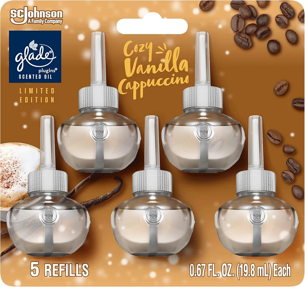 Glade PlugIns Refills Air Freshener, Scented and Essential Oils for Home and Bathroom, Cozy Vanilla Cappuccino, Limited Edition Scent, 3.35 Fl Oz, 5 Count