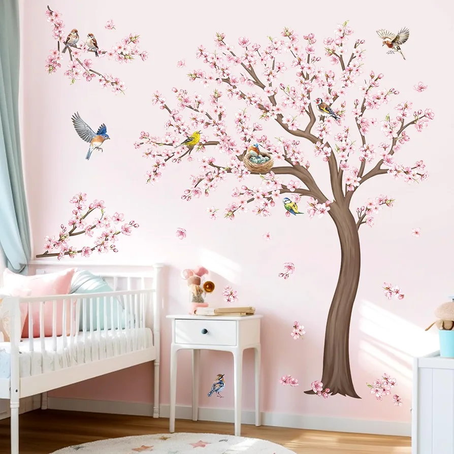 decalmile Large Cherry Blossom Tree Wall Stickers Pink Flower Birds Tree Branch Wall Decals Living Room Girls Bedroom Baby Nursery Wall Decor(H: 59 inches/150 cm)