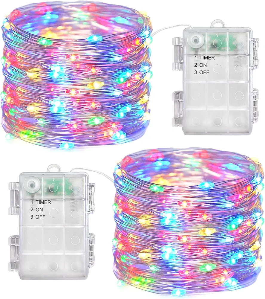 Fairy Lights Battery Operated String Lights 2 Pack 100 LED Waterproof Copper Wire Twinkle Christmas Lights with Timer Outdoor Lights for Wedding Party Indoor DIY Decor (Multi-colored)