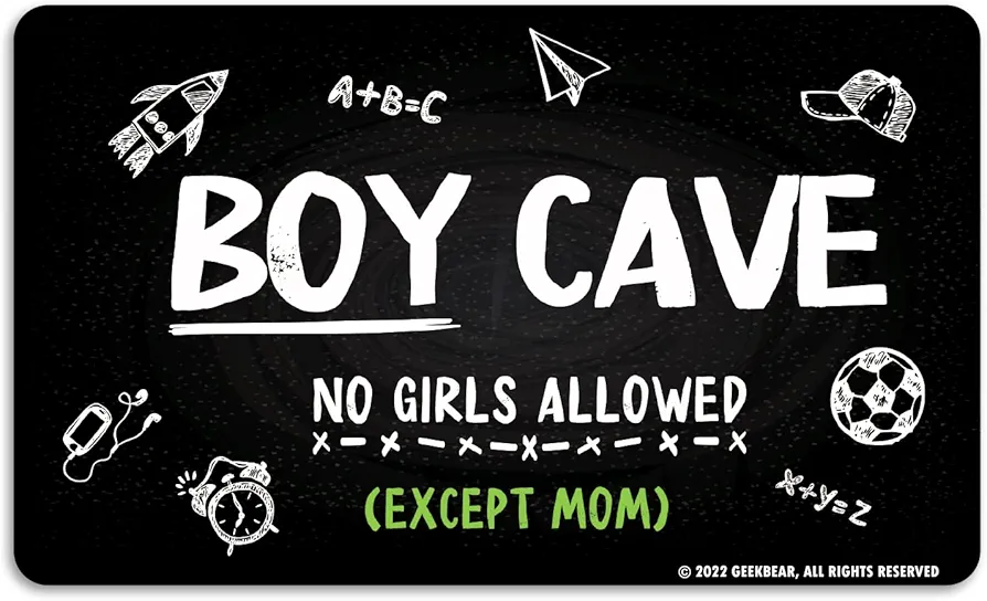 GEEKBEAR Boy Cave Sign - Made with Premium Acrylic - A Cute & Educational Addition to Any Little Boy's Room (Chalkboard)