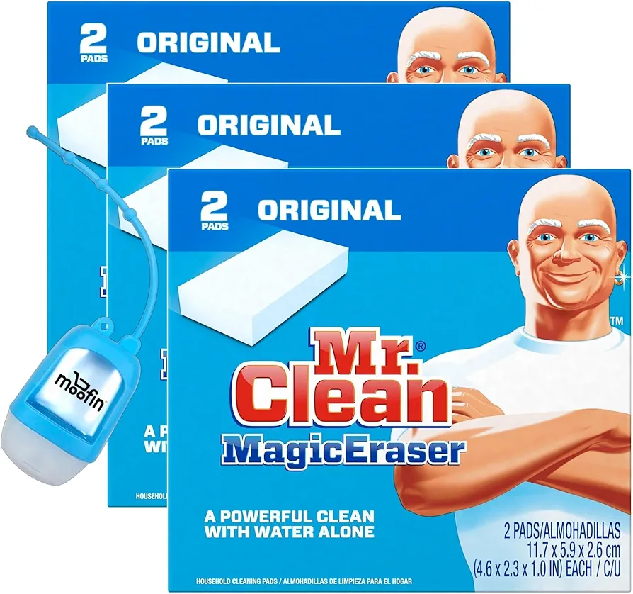 Mr Clean Magic Eraser Original Cleaning Pads – Durable Melamine Sponges with Moofin Hand Sanitizer Dispenser - 2 Pads Magic Eraser for Walls, Floors, Kitchen Stains & Tough Messes ~ [Pack of 3]