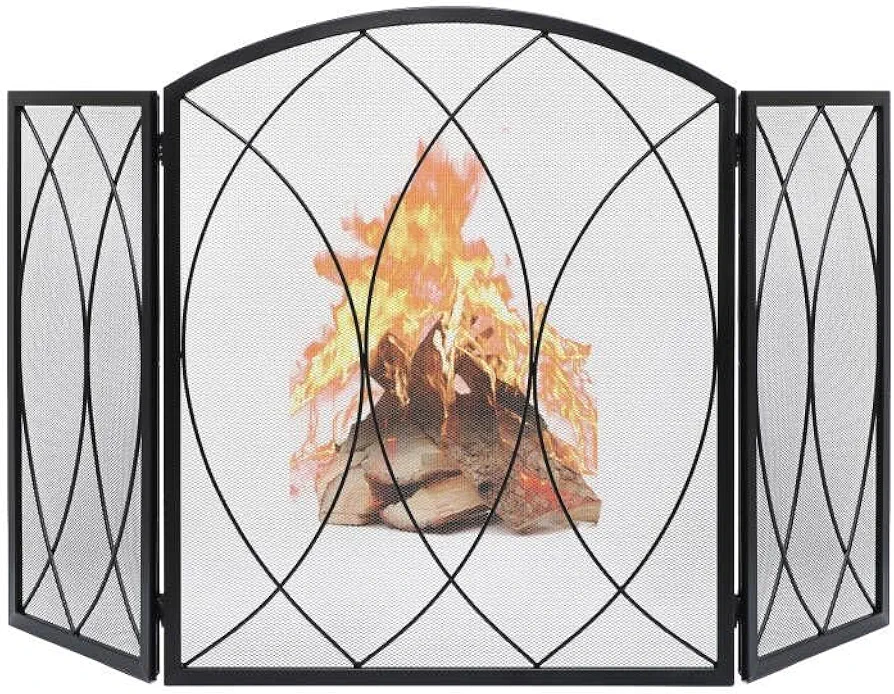 FEED GARDEN 3 Panel Fireplace Screen 48" W x 29.5" H Modern Foldable with Wrought Metal Decorative Mesh,Arch Heavy Duty Fire Spark Guard Cover for Home Decor Indoor, Black