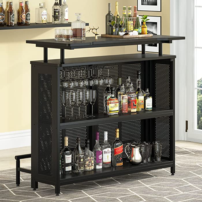 Tribesigns Home Bar Unit, 3 Tier Liquor Bar Table with Stemware Racks and Wine Storage Shelves, Wine Bar Cabinet Mini Bar for Home Kitchen Pub (Black)