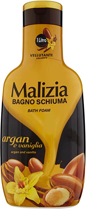 Malizia: Velvety Bath Foam, Argan and Vanilla Scent 33.8 Fluid Ounce (1000mL) Bottle [ Italian Import ]