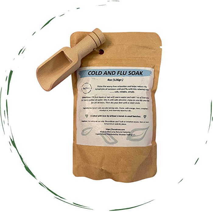 BeNat. Cold and Flu Bath and Foot Soak with Epsom Salts. 4oz. All-Natural. Packed in an Eco-Friendly Bag with a Stylish Bamboo Scoop.