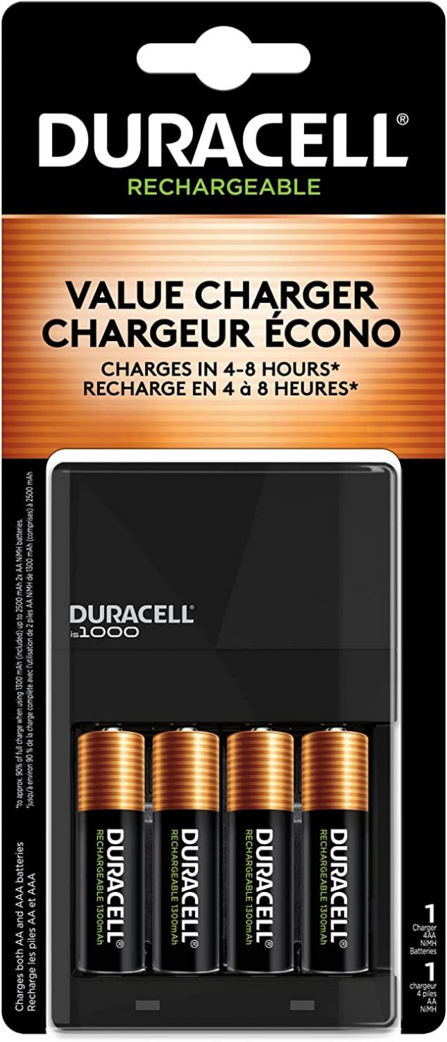 Duracell Ion Speed 1000 Battery Charger for AA and AAA batteries, Includes 4 Pre-Charged AA Rechargeable Batteries, for Household and Business Devices