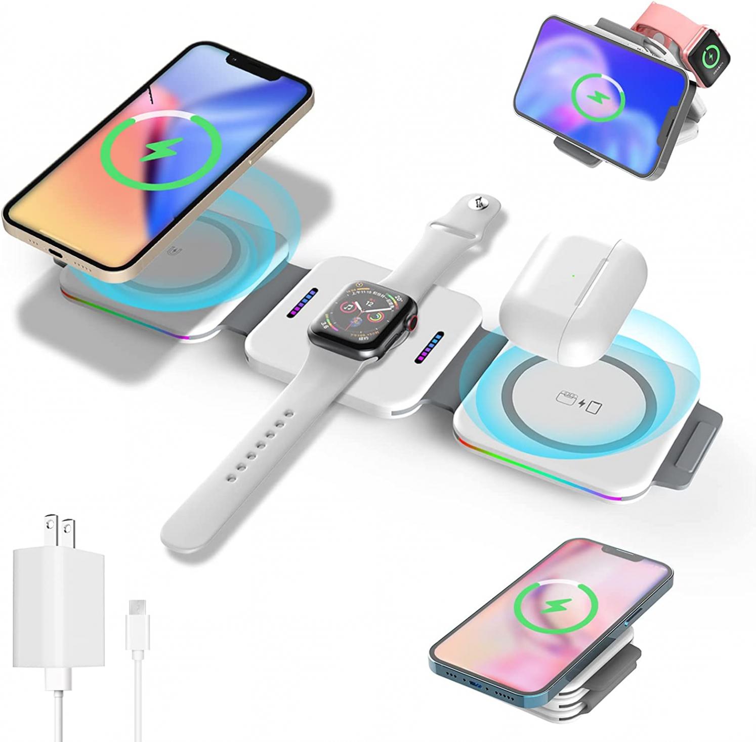 3 in 1 Charger, Magnetic Wireless Charging Station, Charging pad, Travel Charger, 18W Fast Mag-Safe Charger for iPhone 14/13/12/SE/11/XS/8,Samsung Galaxy, AirPods Pro,Apple Watch(Adapter Inc.)-White