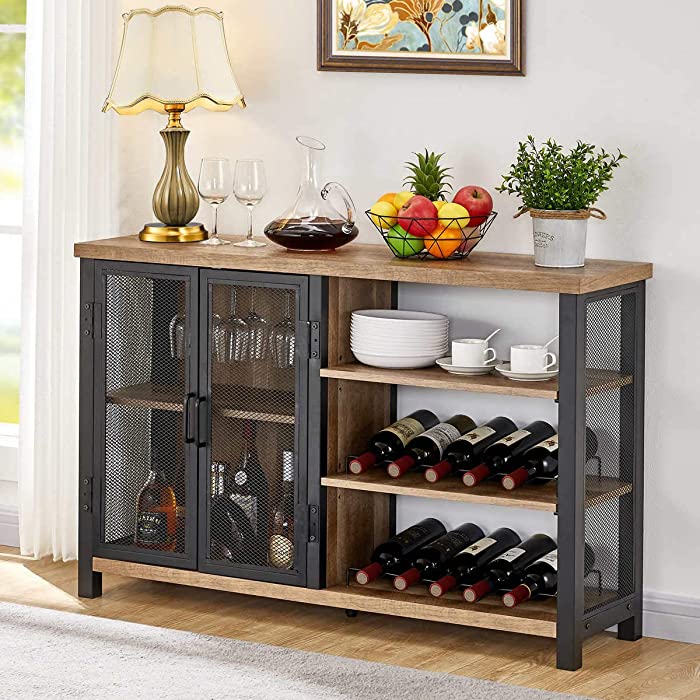 BON AUGURE Industrial Bar Cabinet for Liquor and Glasses, Rustic Wood and Metal Wine Rack Table,  Accent Sideboard Buffet with Doors (47 Inch, Vintage Oak)