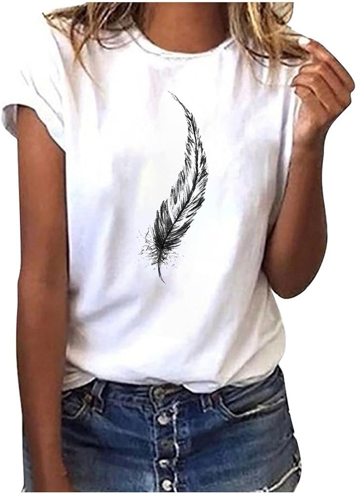 DASAYO Women Summer Cute Tee Top Leaf Print Fashion Short Sleeve Tshirts Blouse Casual Trendy T Shirt Idea Going Out Tops