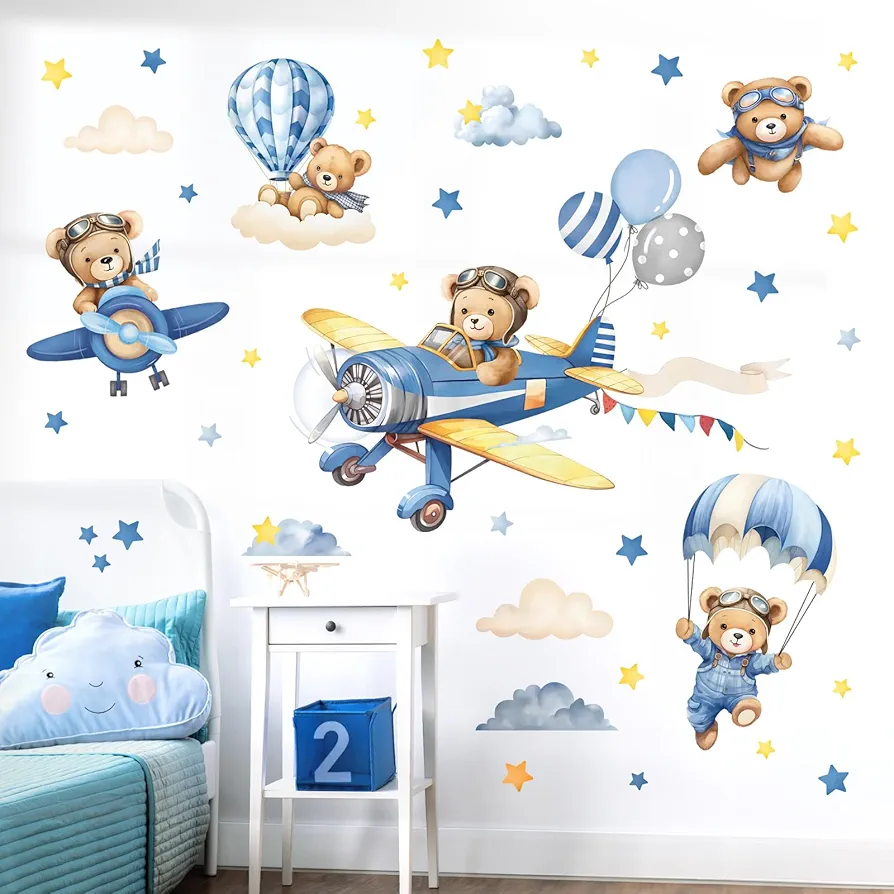 decalmile Airplane with Animals Wall Stickers Hot Air Balloon Bear Clouds Wall Decals Baby Nursery Kids Bedroom Living Room Wall Decor