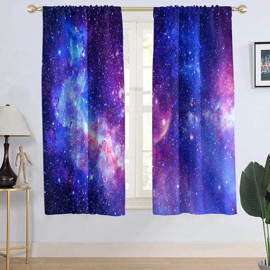 AAtter Space Galaxy Window Curtain Star Celestial Universe Kids Girls Boys Teen Nebula Anime Cool Trippy Outer Sky Living Room Bedroom Window Drapes Treatment Fabric 1 Pair, 42" W x 63" L, Purple Blue