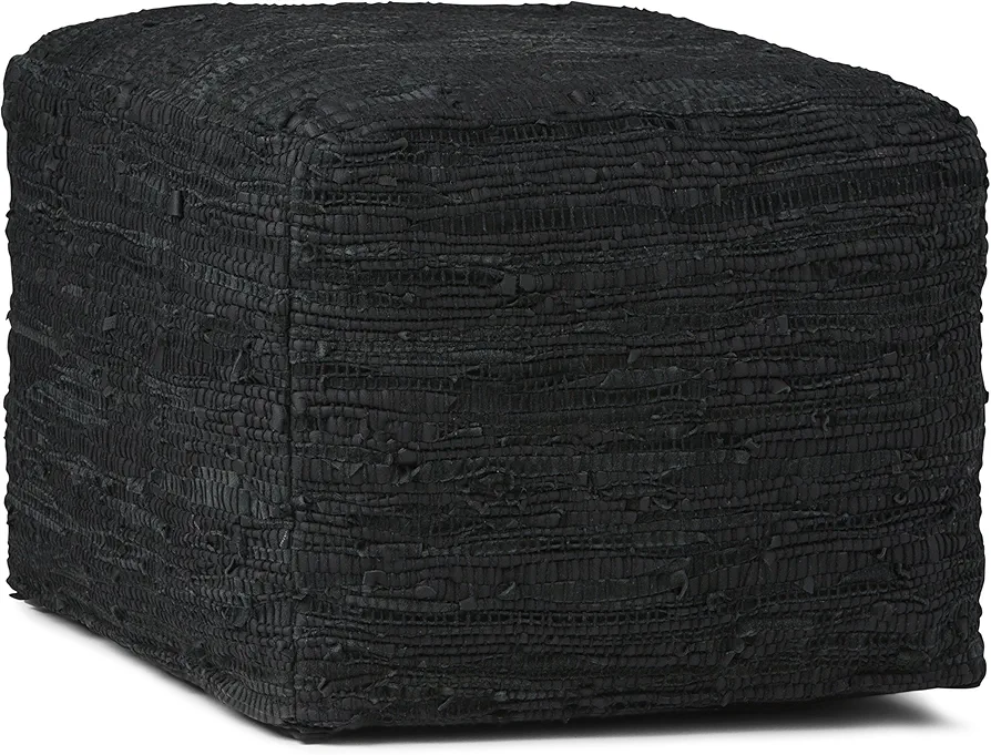 SIMPLIHOME Fredrik Square Pouf, Footstool, Upholstered in Black Woven Leather, for the Living Room, Bedroom and Kids Room, Transitional, Modern, 18"D x 18"W x 14"H