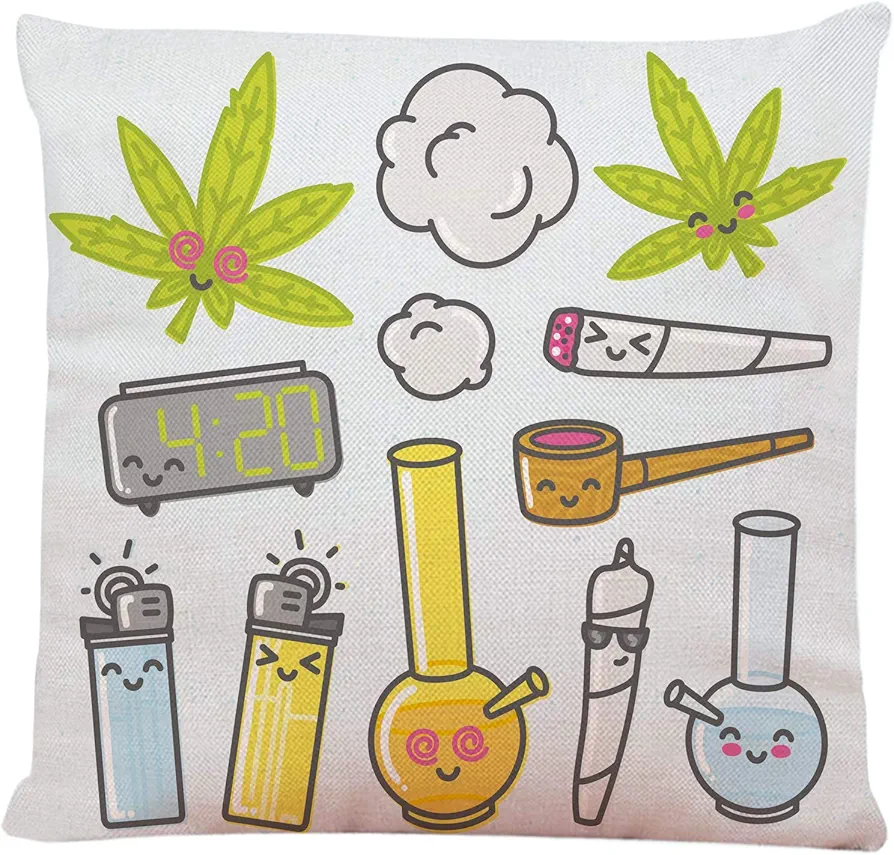 Throw Pillow Cover Green Bong Marijuana Kawaii Cartoon Pack Weed Smoke Leaf Pot Cannabis Decorative Throw Pillow Cushion Case for Home Couch Living Room Bed Sofa Car 18 x 18 Inch Pillowcase