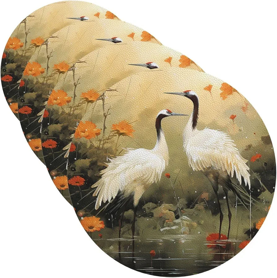 Drink Coasters with Holder Dancing Cranes Leather Coasters Round Coaster for Drinks Tabletop Protection Cup Mat Decorate Cup pad for Coffee Table Kitchen Dining Room Bar Decor