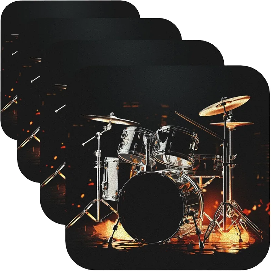 Drink Coasters with Holder Drummer Leather Coasters Round Coaster for Drinks Tabletop Protection Cup Mat Decorate Cup pad for Coffee Table Kitchen Dining Room Bar Decor