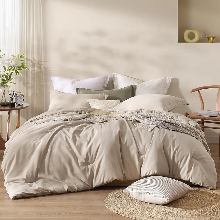 Boho Queen Comforter Set Beige, 3 Piece Modern Farmhouse Queen Bedding Sets Lightweight, Microsuede-like Bed Set Queen Size as Fluffy Comforter for Guest Room, 2 Pillowcases, 90"*90"