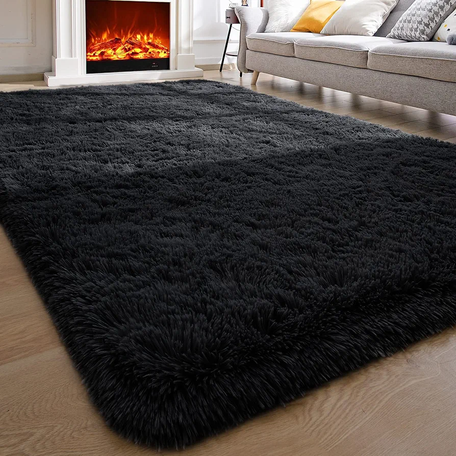 Super Soft Bedroom Rug Fluffy Carpets, 4 x 6 Feet, Black Shaggy Area Rug for Living Room Bedroom Baby Room, Non-Slip Indoor Room Carpet for Kids Boys Girls Teen Nursery Dorm Home Decor