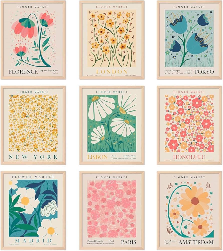 AnyDesign 9Pcs Flower Market Wall Art Prints Matisse Art Poster Decor Floral Drawing Posters Colorful Floral Room Decor for Gallery Room Aesthetic Living Room Bathroom Decor(NO FRAME 11x14)