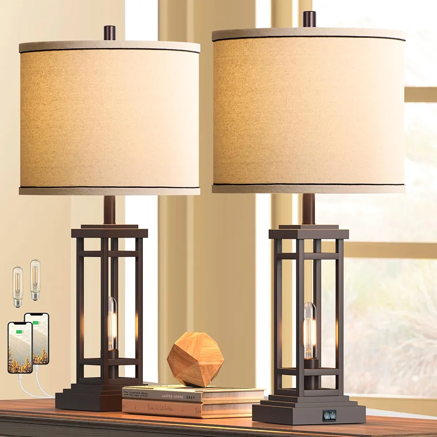 27.5 Tall Farmhouse Table Lamps with USB C + USB A Charge Ports, Rustic Living Room Lamps Set of 2, Black Industrial End Table Lamp for Bedroom Living Room Nightstand