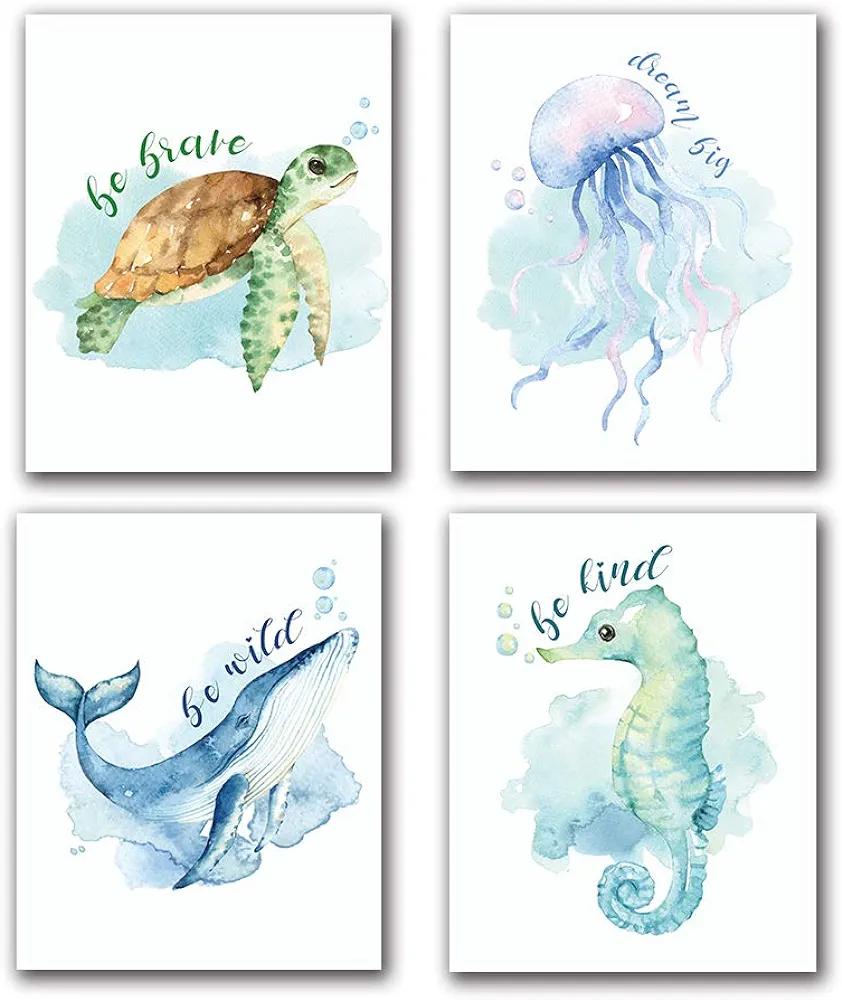 LONLONBANG Funny Watercolor Ocean life Quotes Art Print, Picture Poster for Nursery Kids Girls Bedroom Bathroom Home Decor, Sea turtle sea horse jellyfish whale, Set of 4 (8”X10”), No Frame