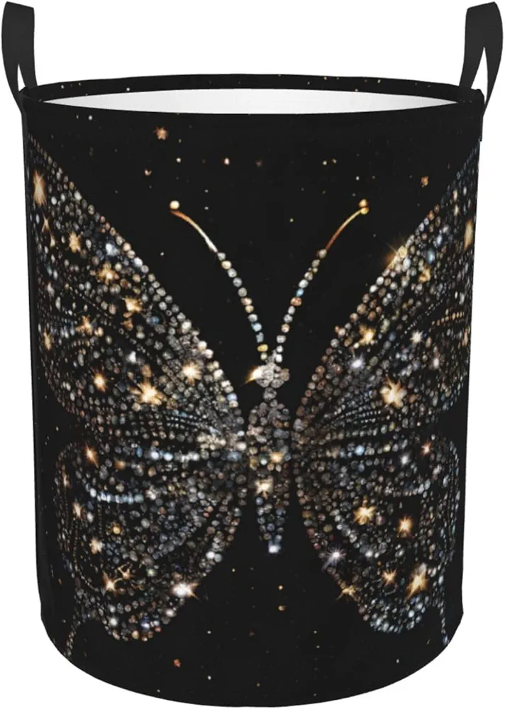 Laundry Baskets with Handles Waterproof Small inches Storage Basket, Collapsible Laundry Hampers, Laundry Room Organization & Apartment Essentials - Rhinestone butterfly