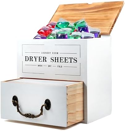 Dryer Sheet Container for Laundry Room Organization, Dryer Sheet Holder with Drawer and Lid, Wood Dryer Sheet Dispenser Container for Dryer Sheets, Laundry Pods, Dryer Balls