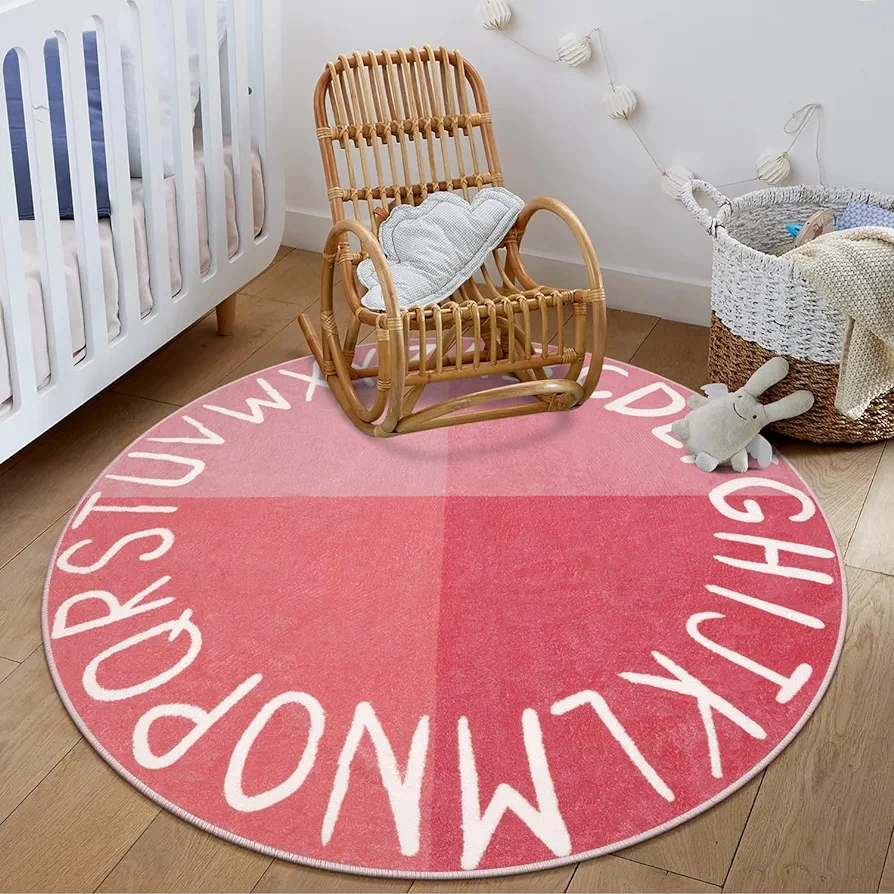 LIVEBOX Round ABC Rug for Baby Girl, Alphabet Washable Rug Princess Nursery Rug for Toddlers Room, Non-Slip Crawling Play Mat Circle Learning Carpet for Teen Girls Bedroom (47",Pink)