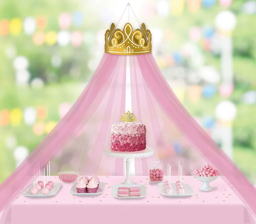 Disney Princess Gold Crown Decoration with Pink Tulle Canopy - Enchanting Room Transformation, Perfect for Kid's Room or Party Decor - Unique & Magical Design