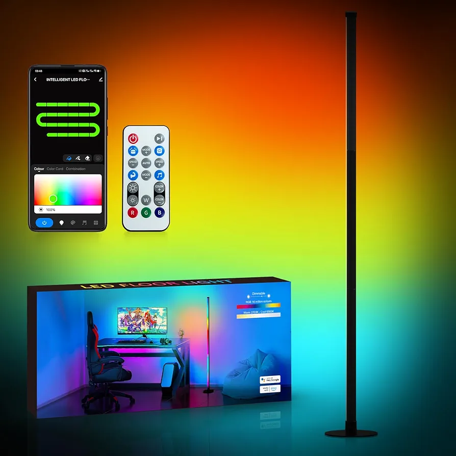 RGB Floor Lamp, LED Corner Lamp Works with Alexa, with Music Sync, with App and Remote Control, 16 Million Colors & 68+ Scene, Color Changing Standing Floor Lamp for Bedroom Living Room