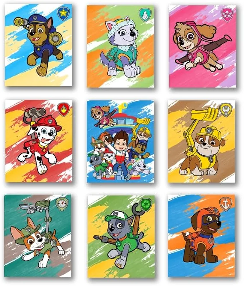 PrintVibee® - PawPatrol Poster for Bedroom, Set of 9 UNFRAMED 8x10 inches, Posters for boys room, PawPatrol wall art, Watercolor Wall Decor Art for Boys Room Kids Bathroom Girls Bedroom Toddlers