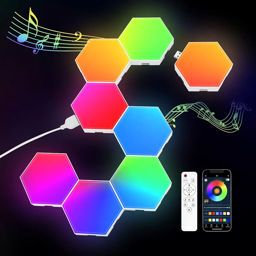 8 Pack Hexagon Light Panels -Cool Music Sync RGB Hexagon LED Lights Gaming Lights with APP & Remote Control Wall Lights Gift for Home Decor, Living Room, Bedroom,Gaming Room, Kids, Adults