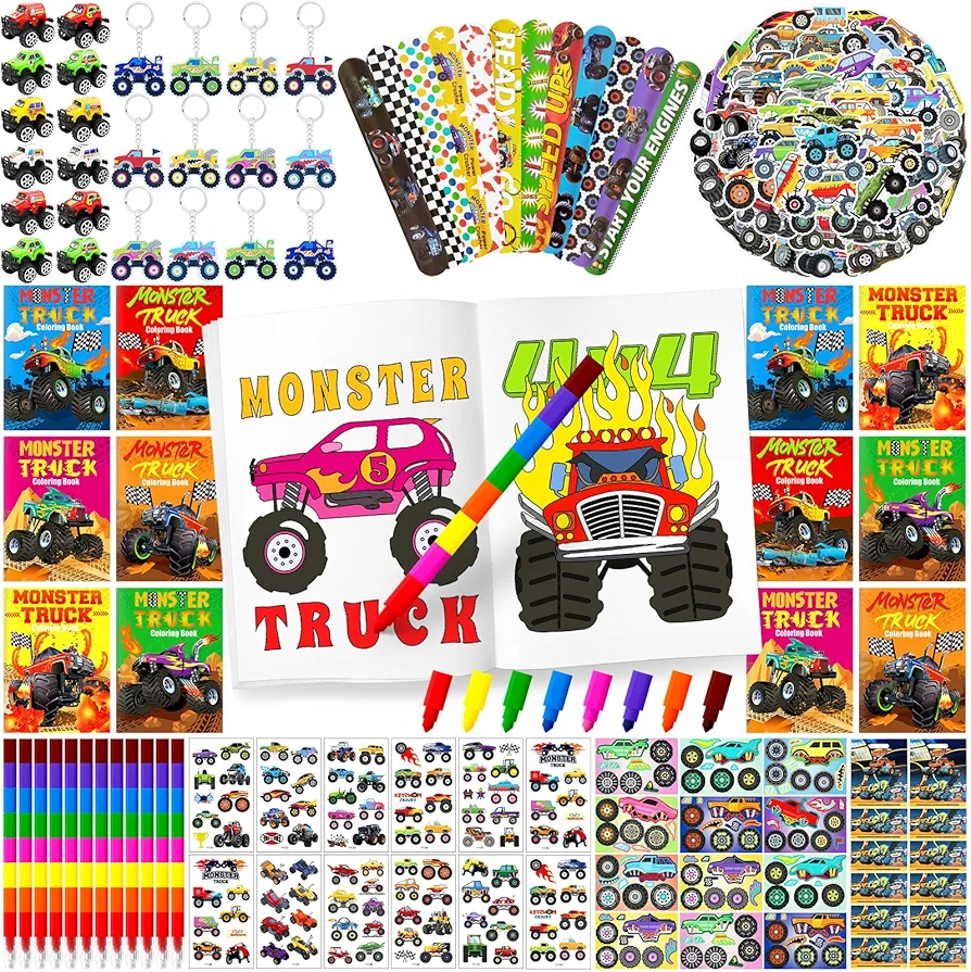 142Pcs Monster Trucks Party Favors for Toddlers Kids 4-8 Truck Car Toys Coloring Books with Crayons Bulk Birthday Supplies Tattoo Stickers Stamper Bracelets Keychain School Classroom Gift Goodie Bags