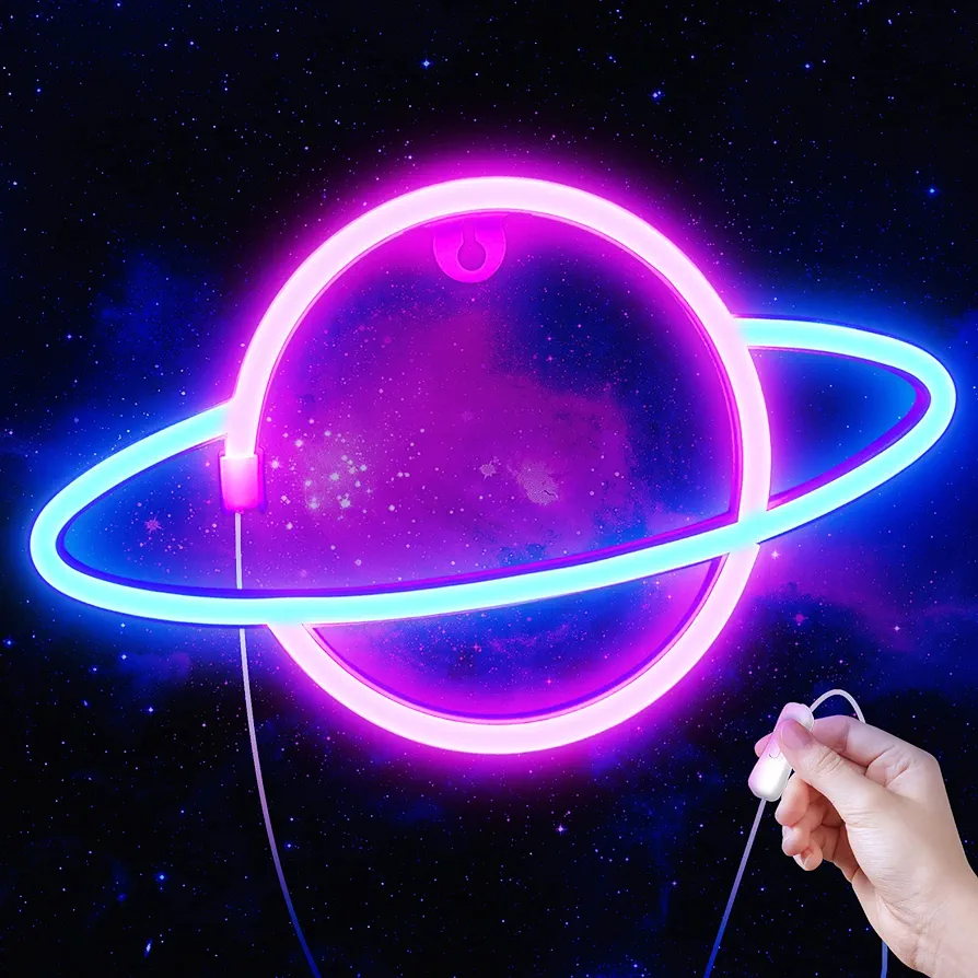 Lumoonosity Planet Neon Sign, USB Powered Planet Light Led Neon Signs with On/Off Switch, Planet Led Sign for Wall Decor, Aesthetic Hanging Saturn Neon Light, Planet Lights for Bedroom, Gaming Room